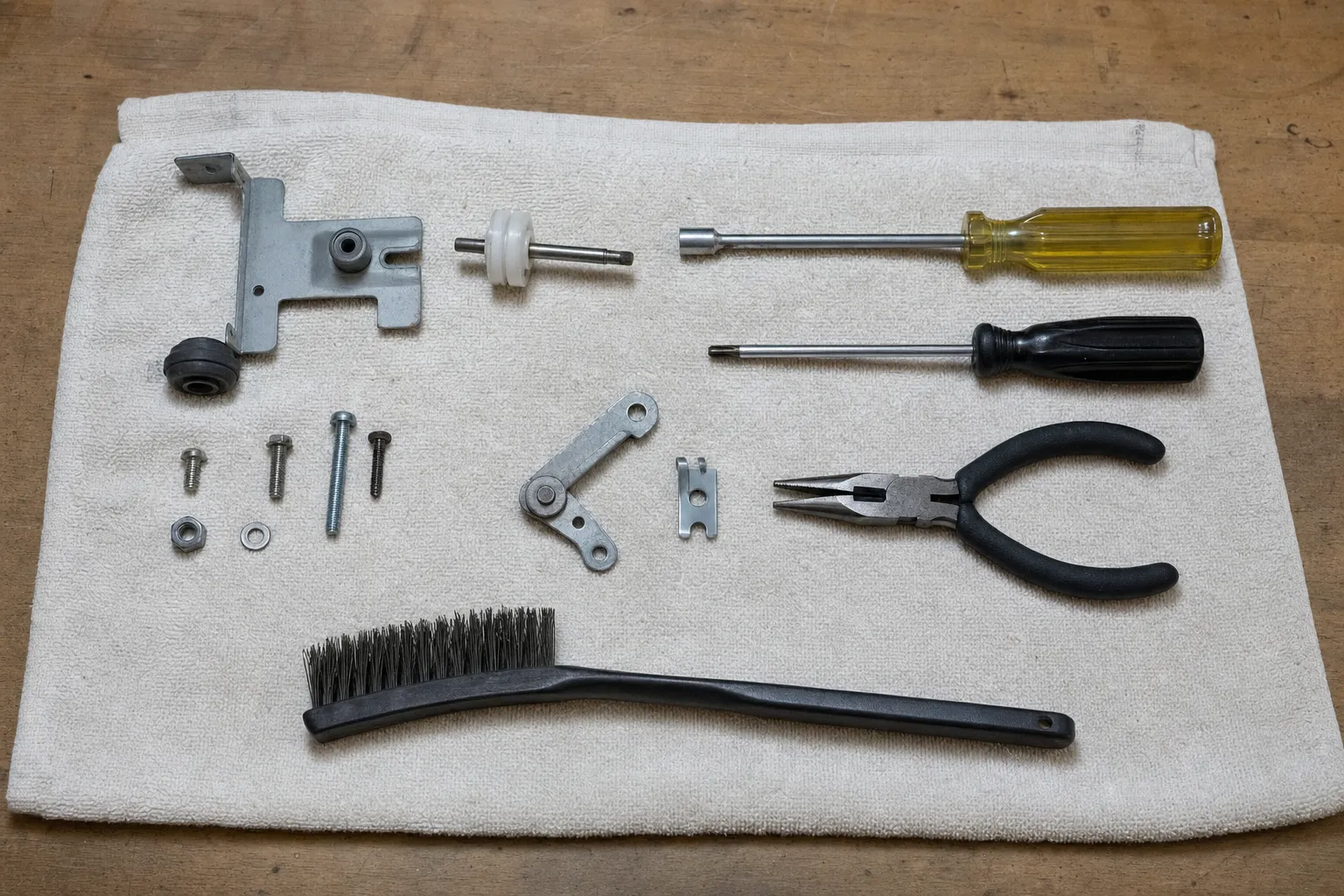 Two-piece link arm, a roller on a short shaft and a bracket with a small wheel laid out beside pliers and drivers