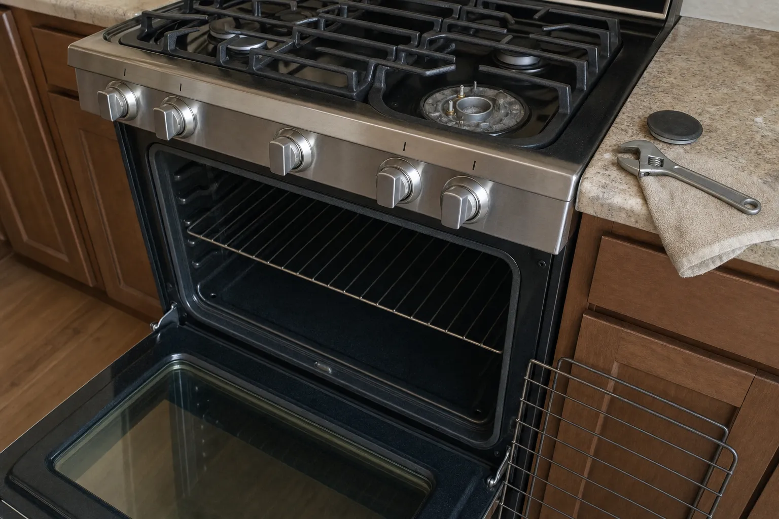 Slide-in gas range, oven door open with one rack inside and a second leaning on the cabinet, a burner cap on the counter