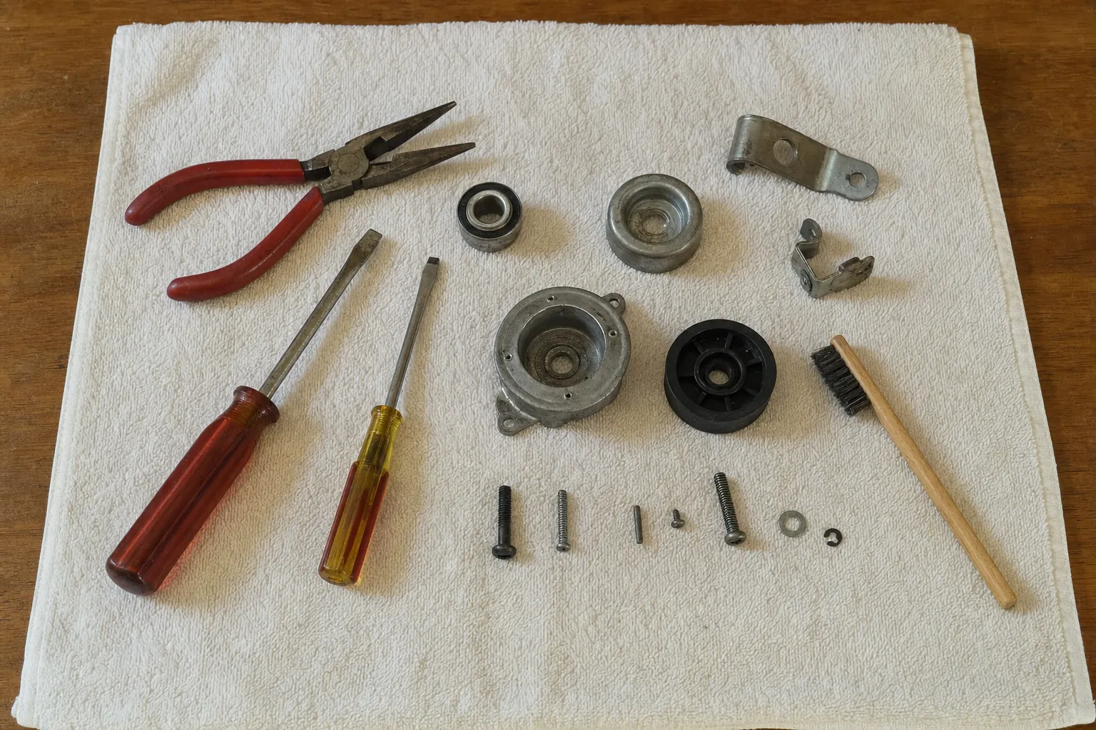 Needle-nose pliers and two screwdrivers beside a sealed bearing, a die-cast housing, a black nylon wheel and brackets
