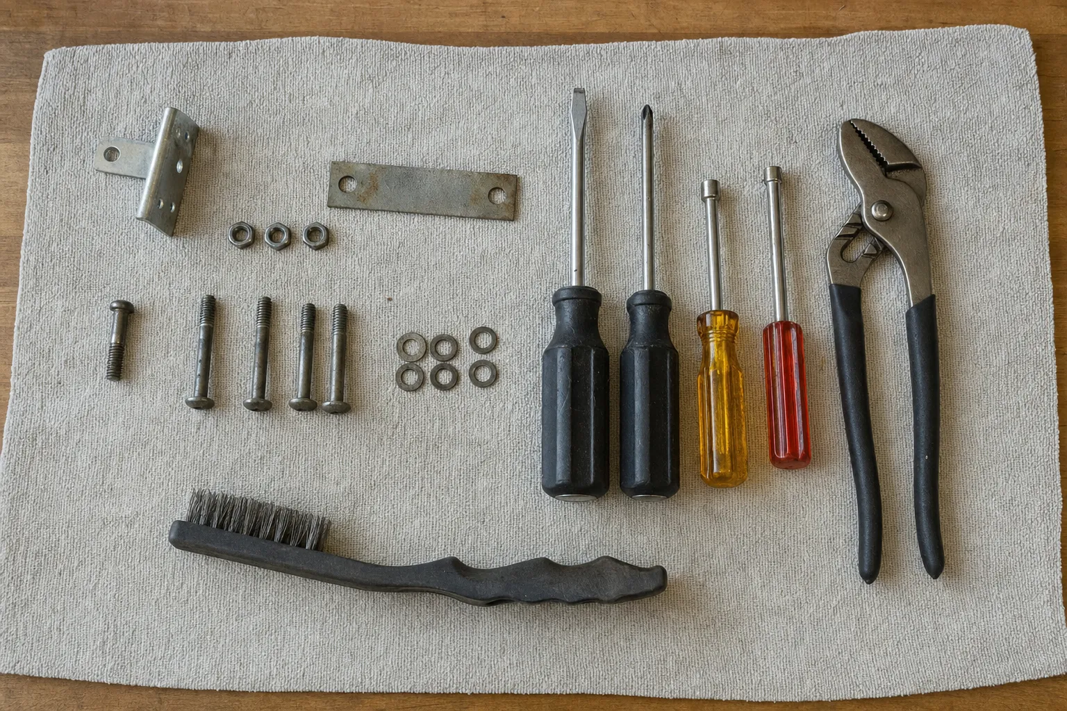 Two screwdrivers, two nut drivers and groove-joint pliers beside an angle bracket, a flat strap, bolts and washers