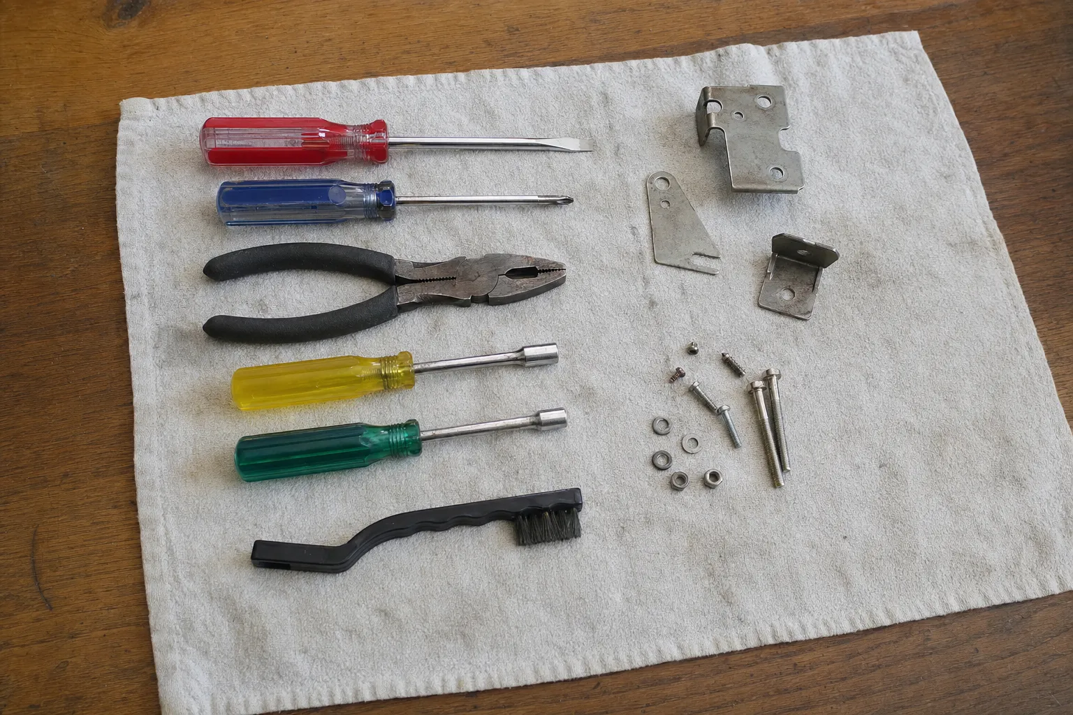 Screwdrivers, nut drivers and lineman's pliers laid in a row beside three bent brackets, long screws and washers